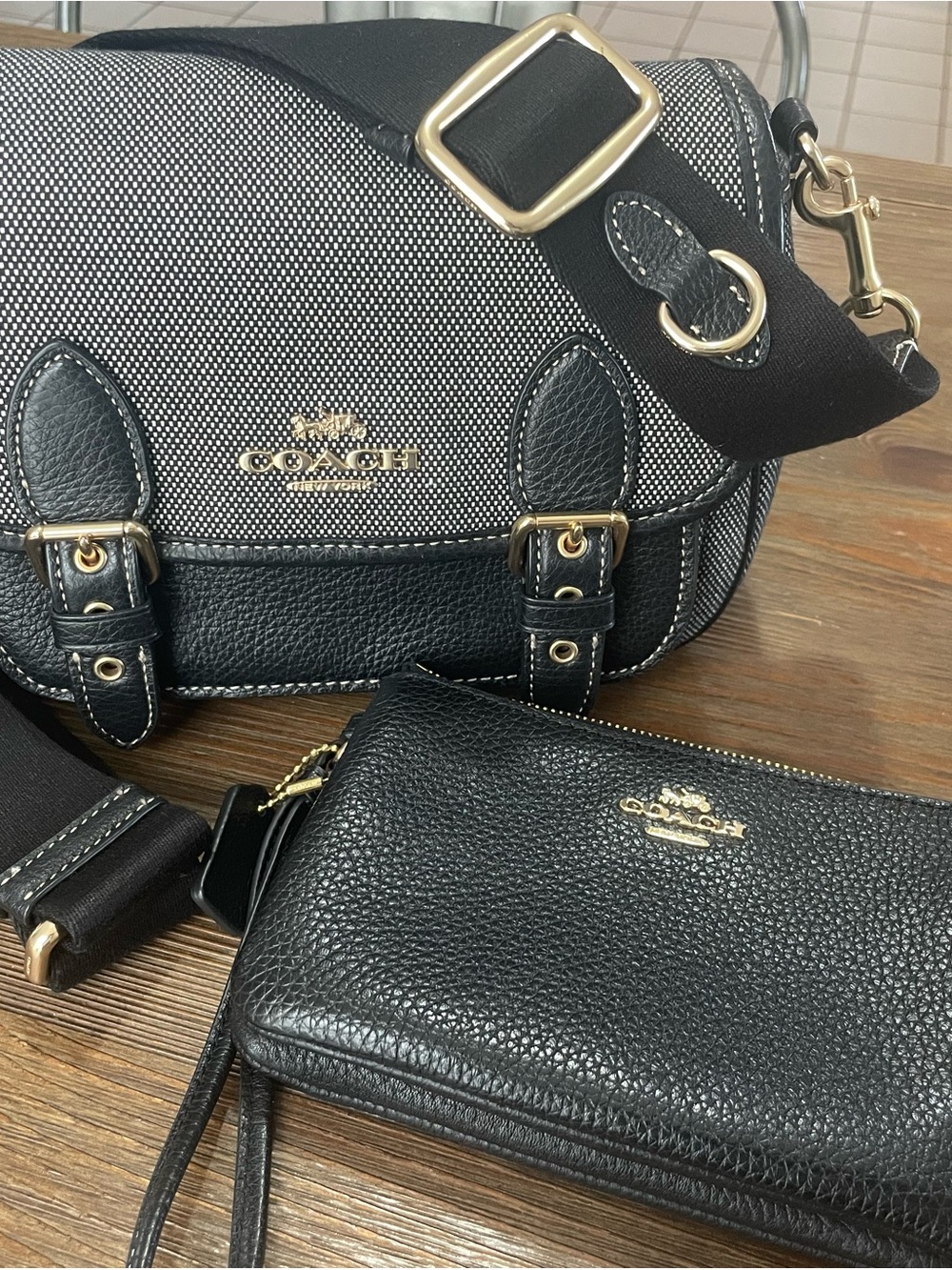 Coach Lucy Canvas and Black Pebbled Leather Crossbody with Matching Wristlet